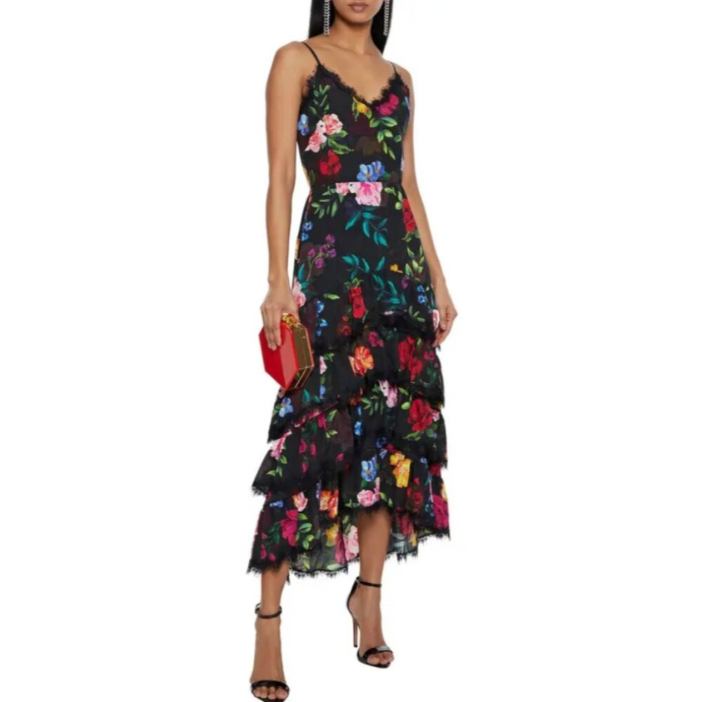 Marchesa Notte Lace-Trimmed Tiered Floral Print Crepe de Chine Midi Dress